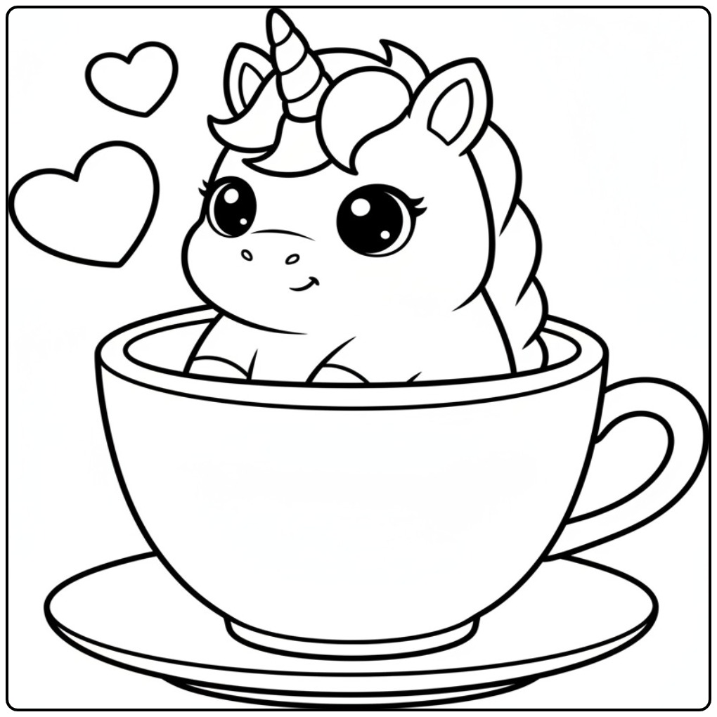 Um adorável kawaii unicórnio para colorir com corações no ar.