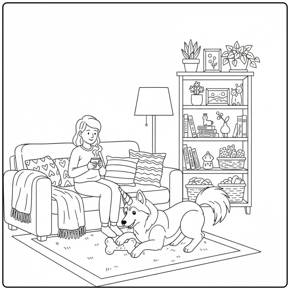 Cena aconchegante com uma mulher e seu cachorro unicórnio para colorir.