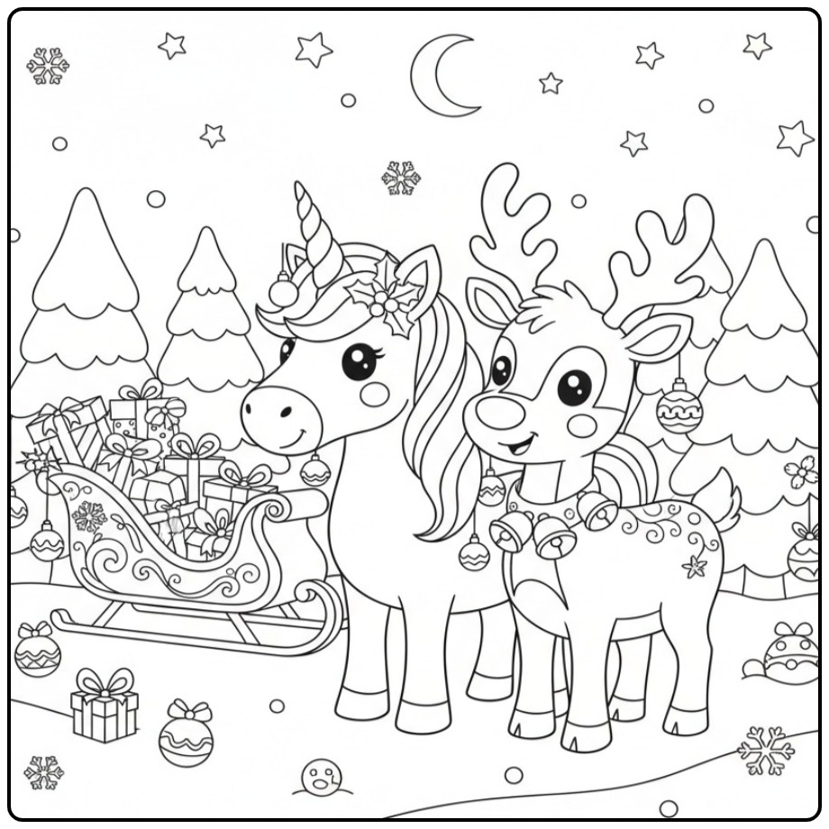 Uma cena de Unicórnio de Natal e rena para colorir com trenó.