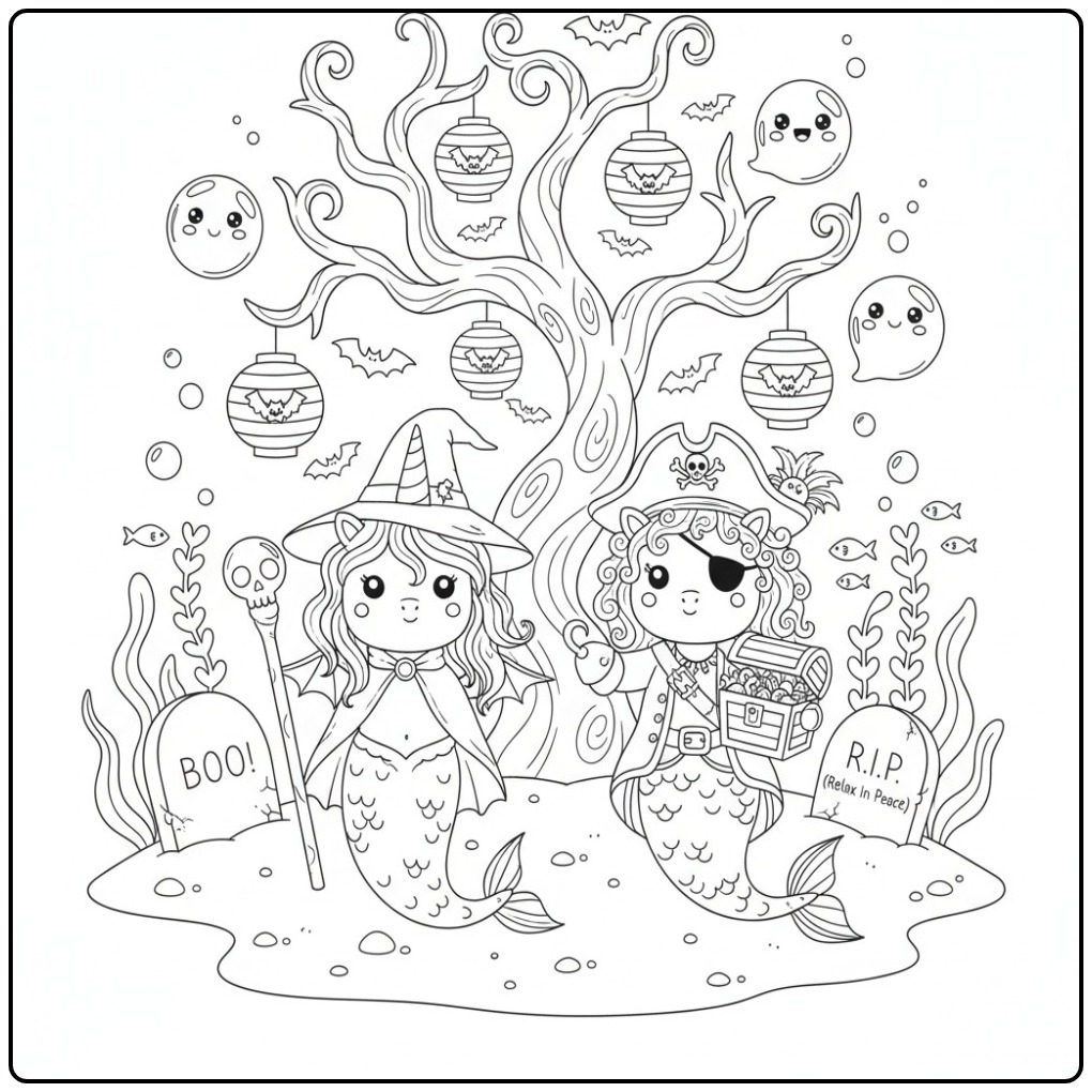 Uma cena com unicórnio sereia de Halloween para colorir com amigas.