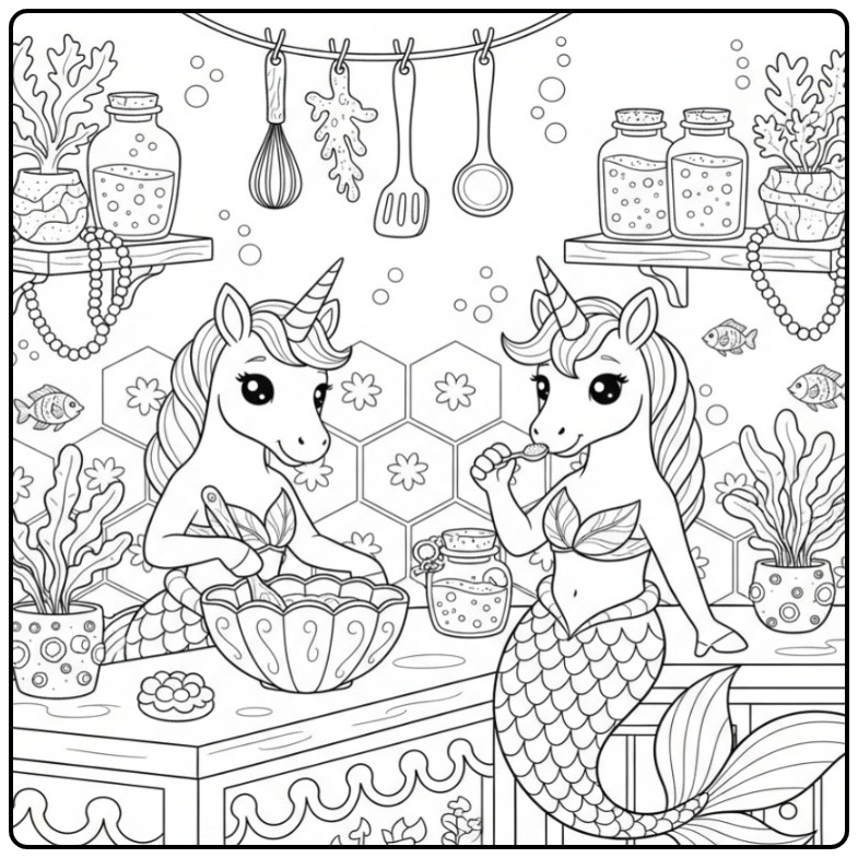 Duas amigas unicórnio sereia para colorir na cozinha subaquática.