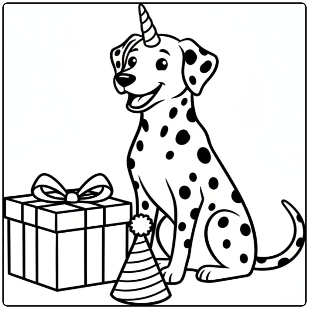 Dálmata feliz em um desenho de cachorro unicórnio para colorir.