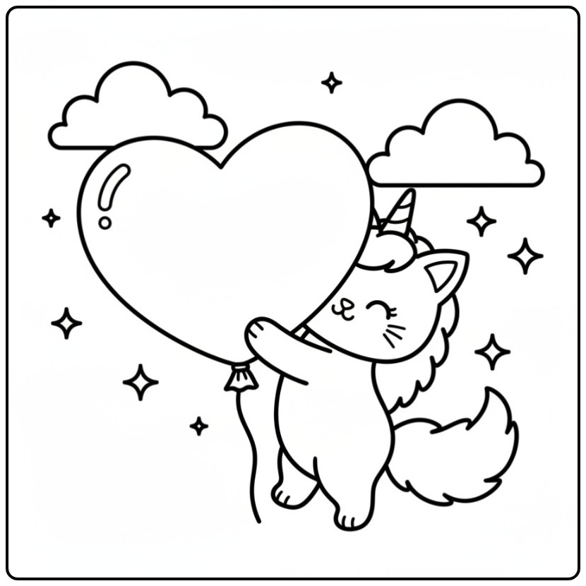 Um fofo gato unicórnio para colorir voando com um balão de coração.
