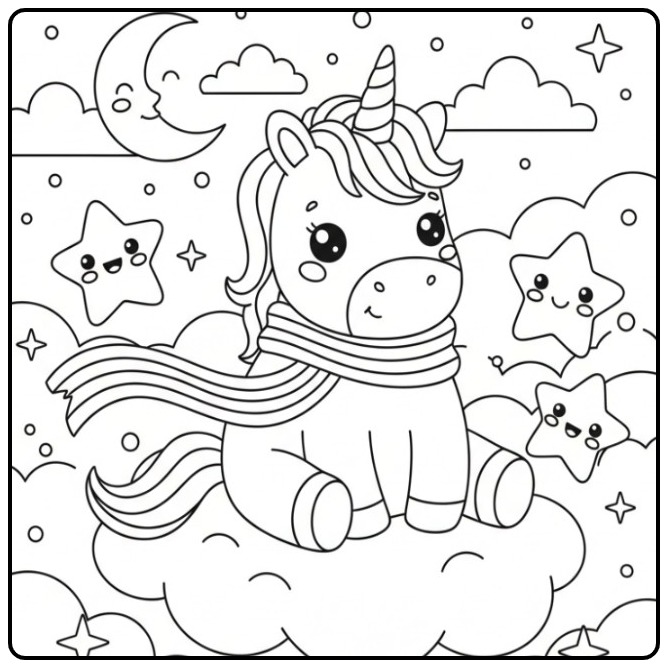Cena para colorir de unicórnio kawaii com arco-íris e estrelas.