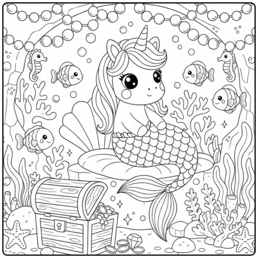 Cena fofa para colorir de unicórnio sereia kawaii em seu lar.