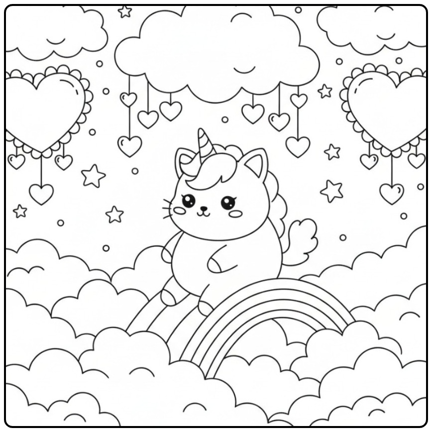 Desenho fofo para colorir gato unicórnio com corações no céu.
