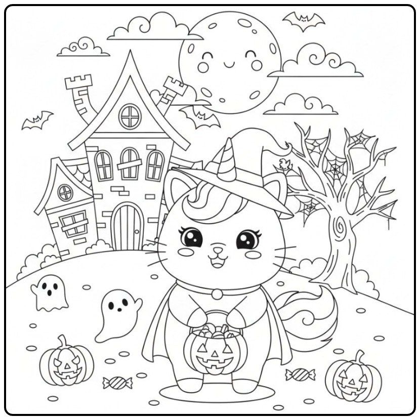 Cena fofa Para colorir gato unicórnio de Halloween e amigos.