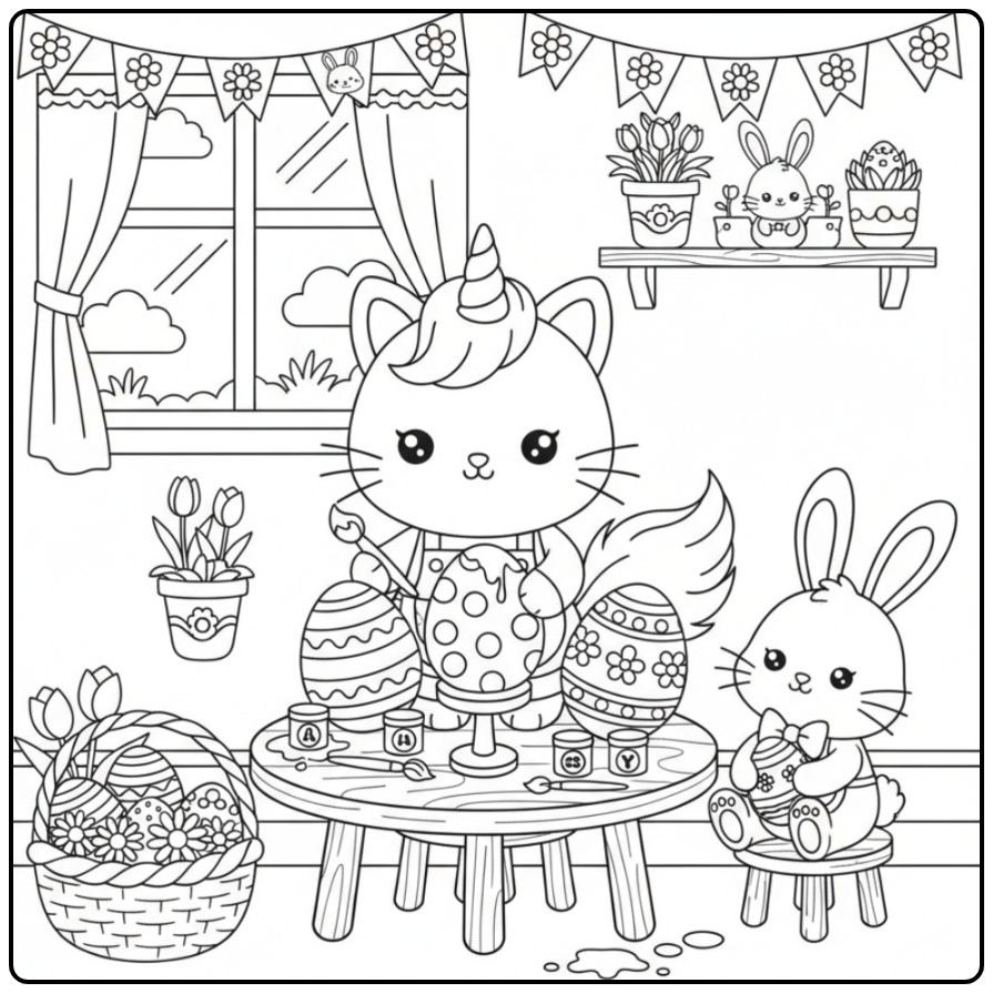 Cena fofa para colorir gato unicórnio de Páscoa e um coelho.