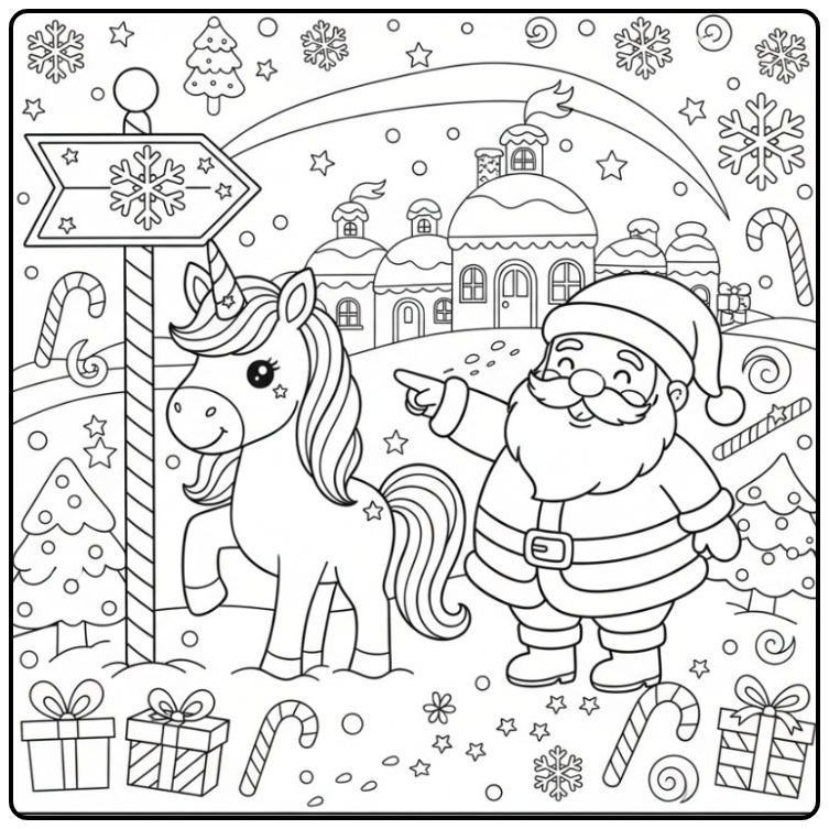 Uma cena mágica para Colorir Unicórnio de Natal e Papai Noel