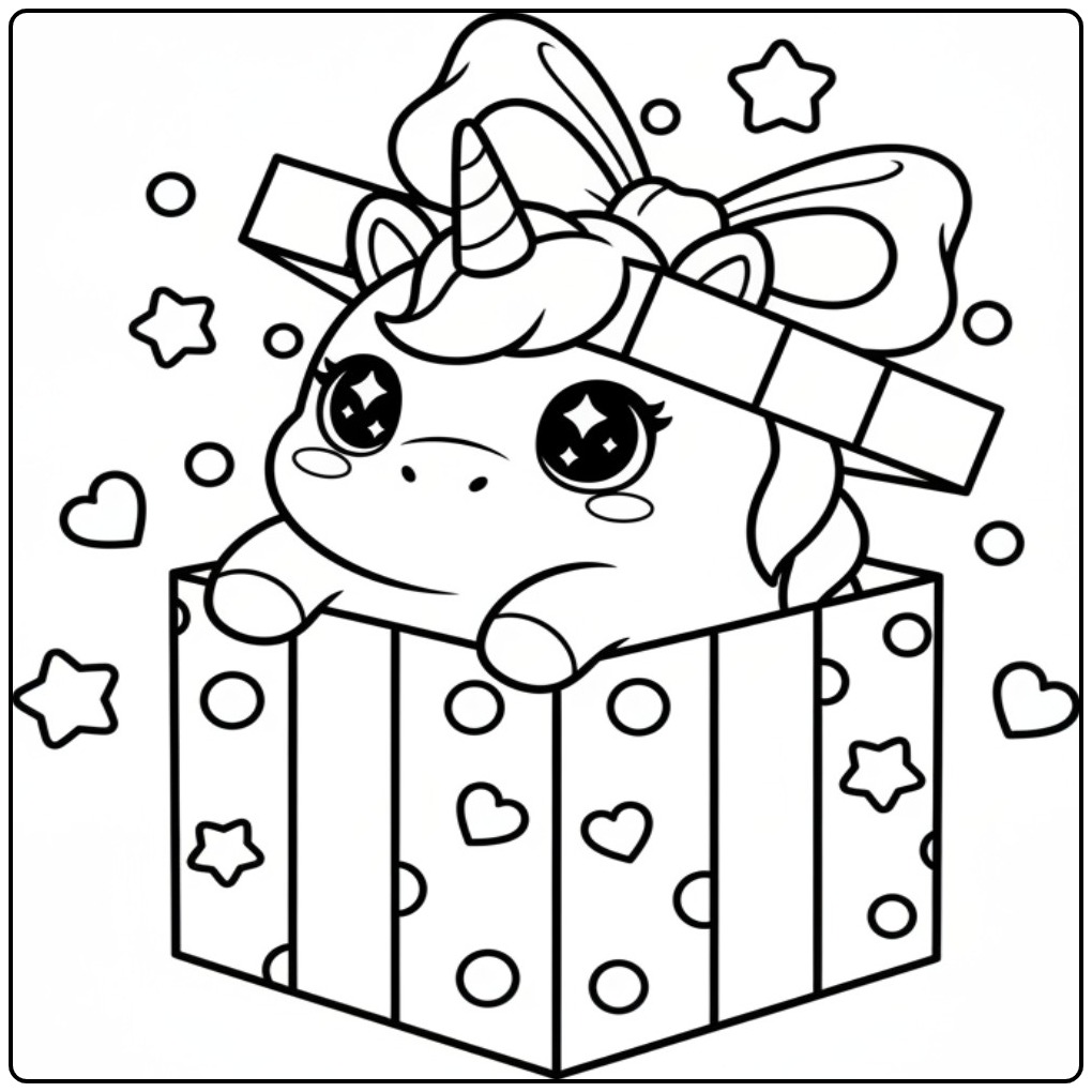 Um lindo desenho de kawaii unicórnio para colorir saindo de presente.