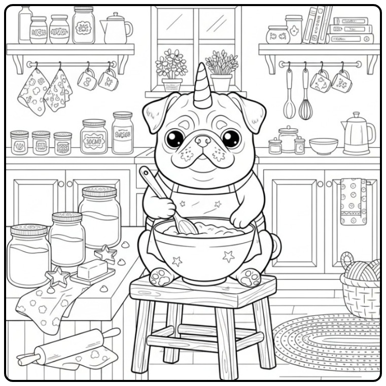 Um fofo cachorro unicórnio para colorir na cozinha a cozinhar.