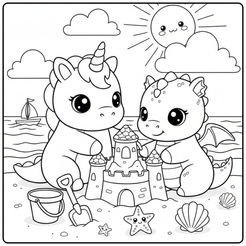 Um adorável kawaii unicórnio para colorir com seu amigo coelho.