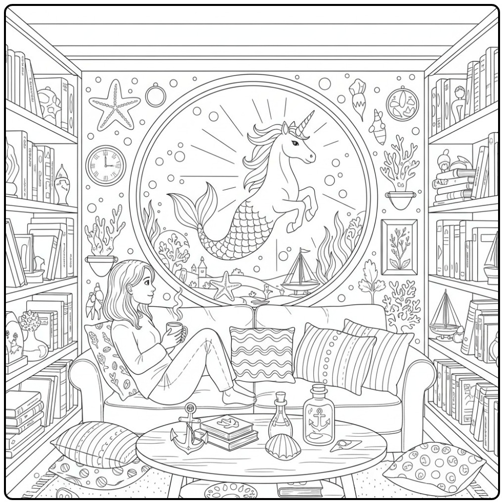 Desenho fantástico com um unicórnio sereia para colorir.