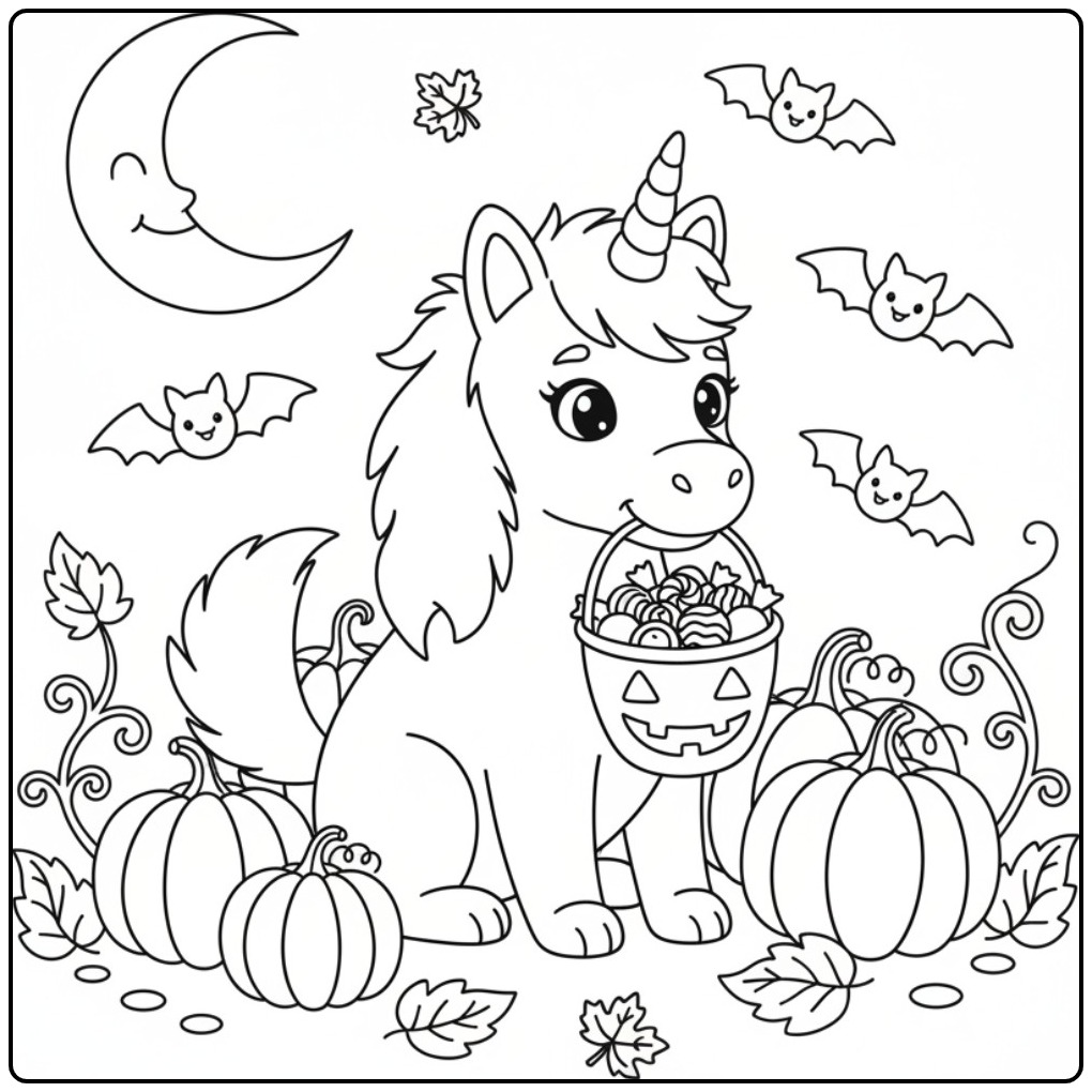 Um fofo cachorro unicórnio para colorir em uma cena de Halloween.