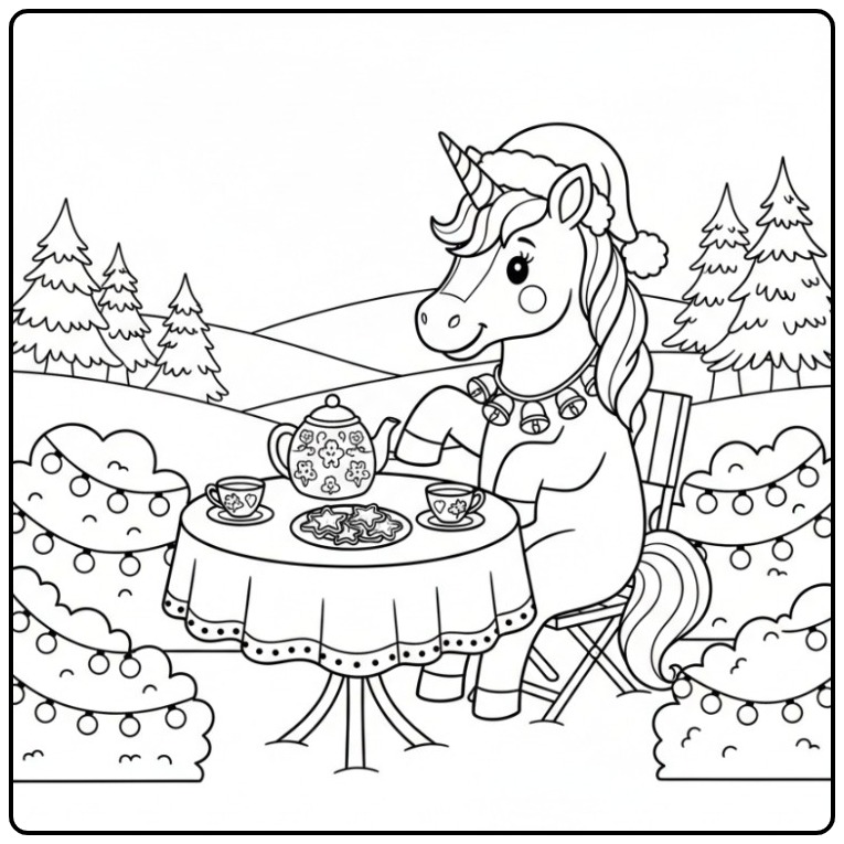 Lindo unicornio de natal para colorir tomando chá na neve.