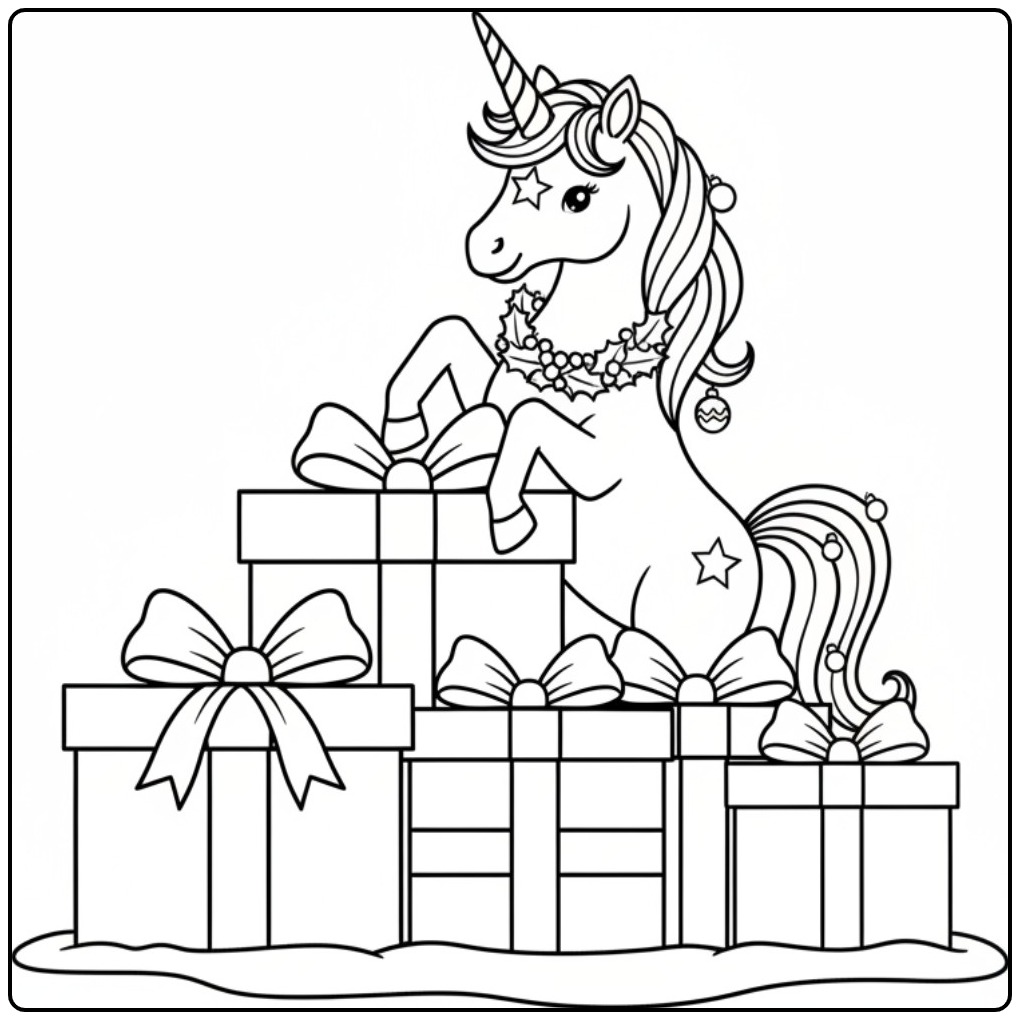 Desenho de um fofo unicornio de natal para colorir com presentes.