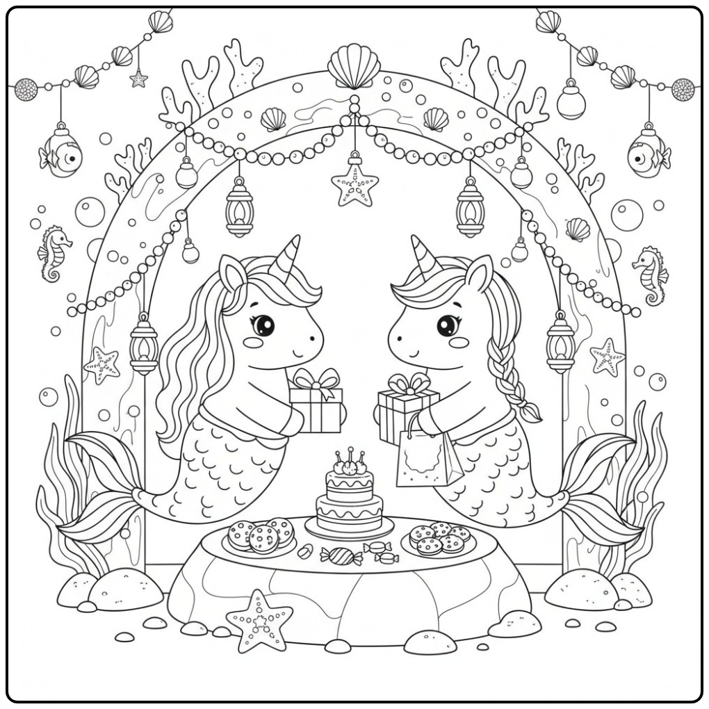 Desenho de unicórnio sereia de Natal para colorir e imprimir