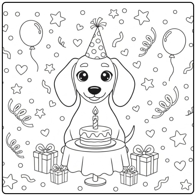 Um lindo Cachorro unicórnio para colorir de aniversário com bolo.