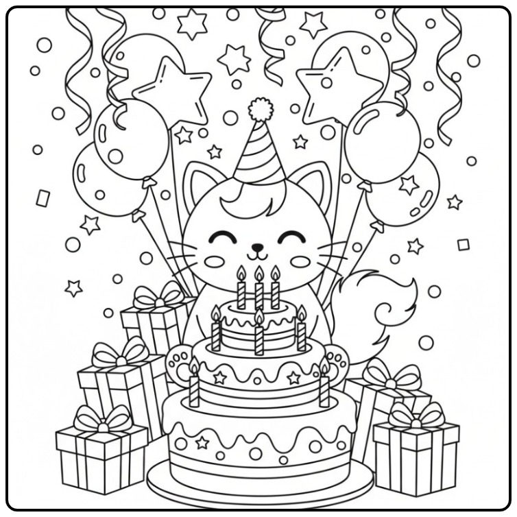 Desenho fofo Para colorir gato unicórnio de aniversário.