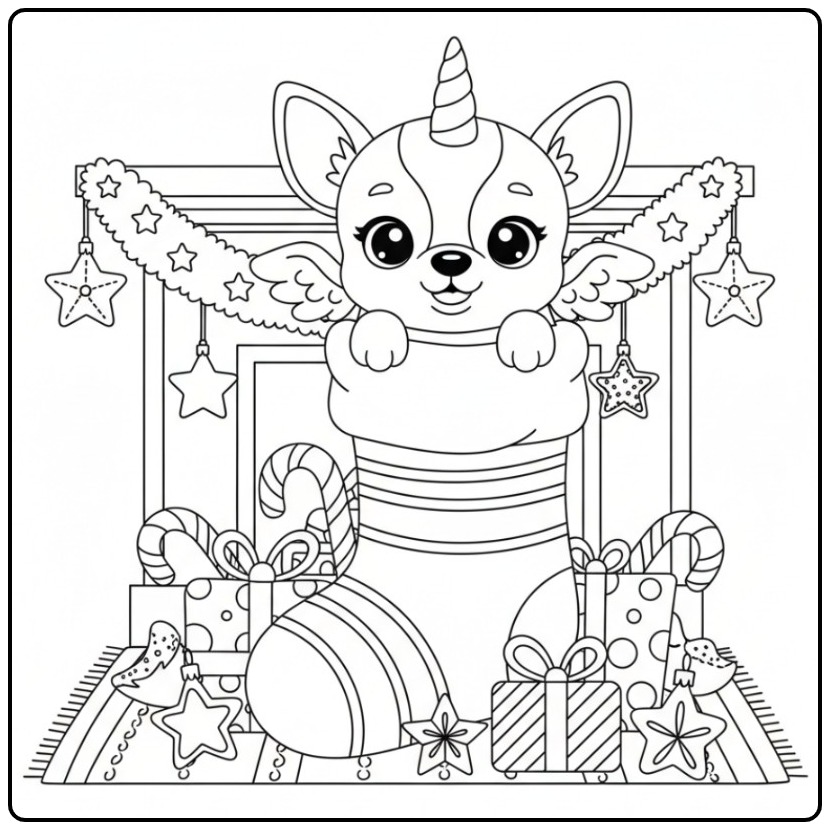 Desenho de um Cachorro unicórnio para colorir de Natal em uma meia.
