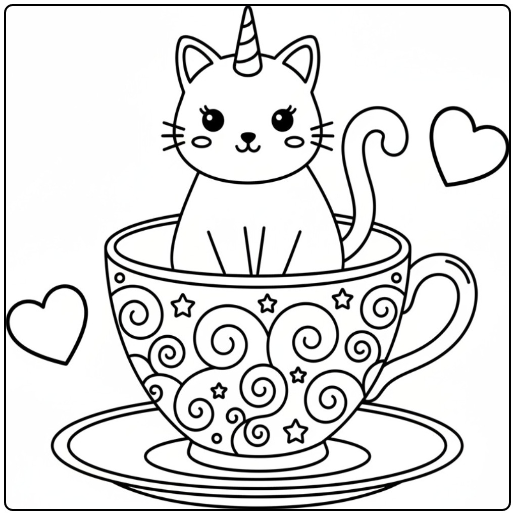 Simpático gato unicórnio para colorir dentro de uma xícara.
