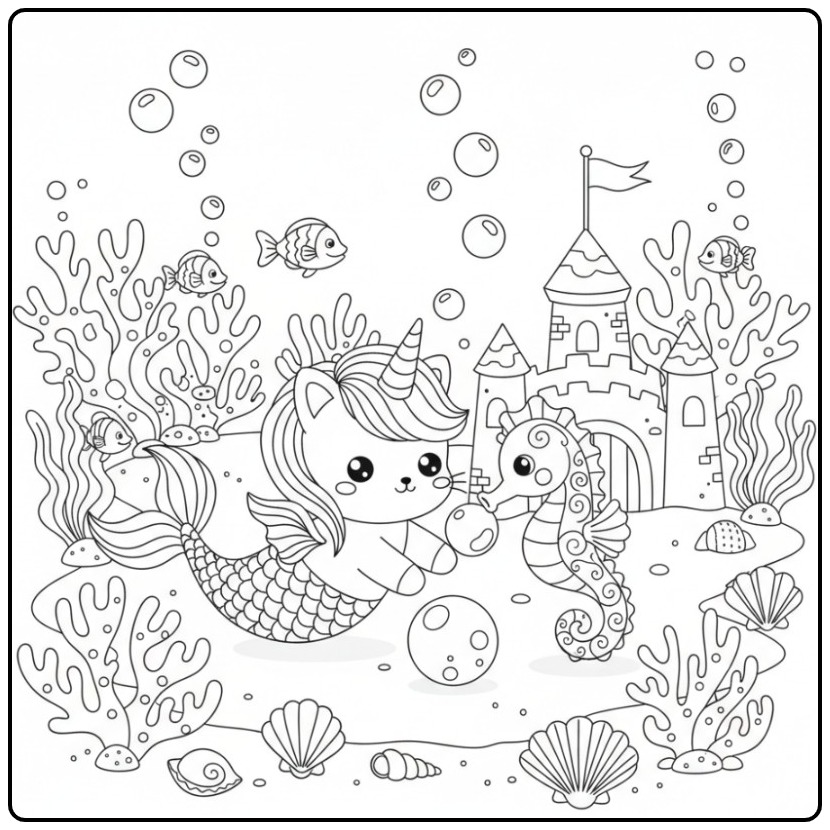 Imagem Para colorir gato unicórnio sereia com um cavalo marinho.