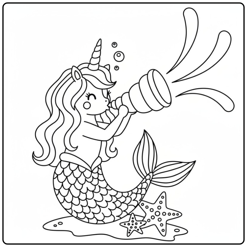 Desenho de um unicórnio sereia para colorir olhando no mar.