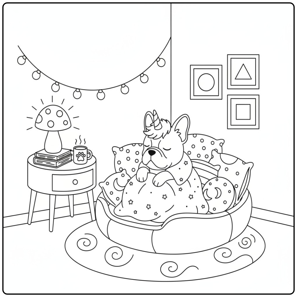 Um fofo buldogue francês dormindo em um cachorro unicórnio para colorir.