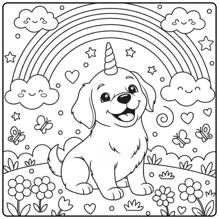 Desenho fofo de Cachorro unicórnio para colorir com arco-íris.