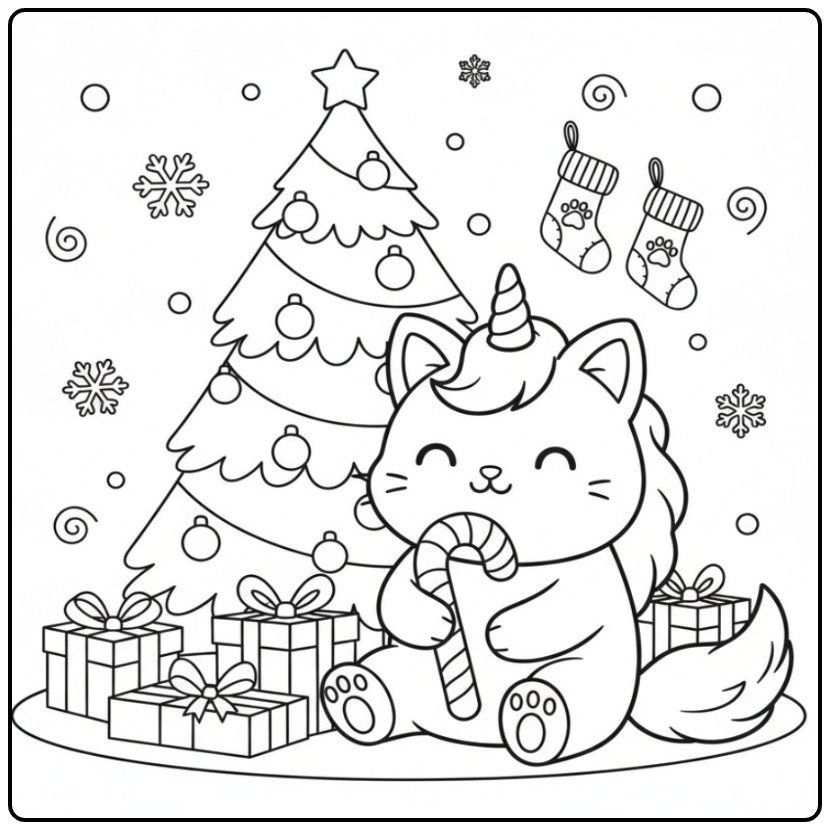 Desenho fofo Para colorir gato unicórnio de Natal com doces.