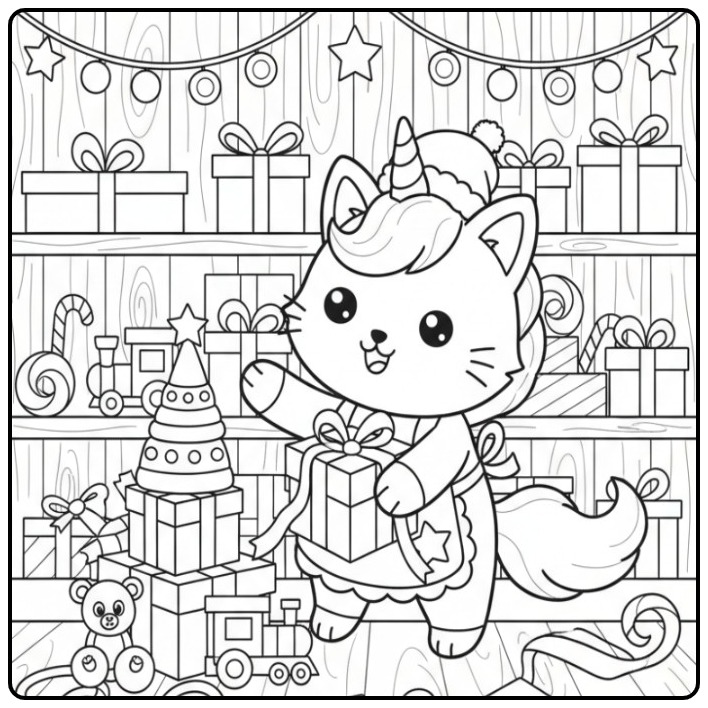 Desenho fofo Para colorir gato unicórnio de Natal com presentes.