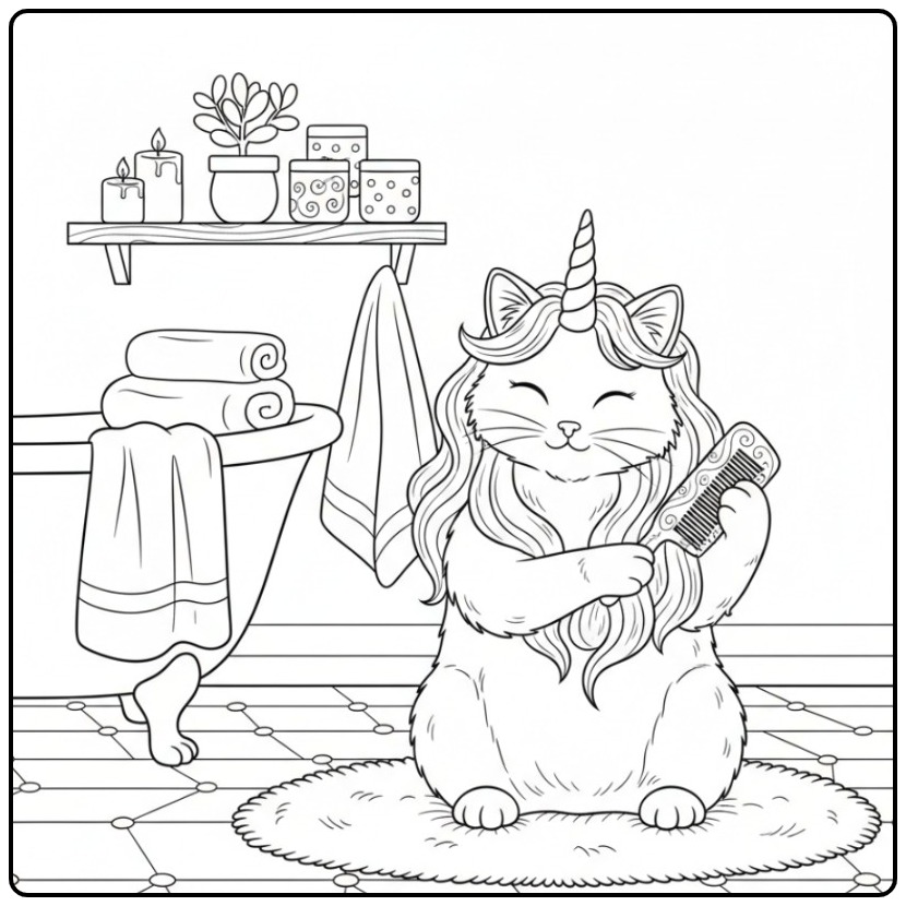 Um lindo desenho de gato unicórnio para colorir em seu banheiro.