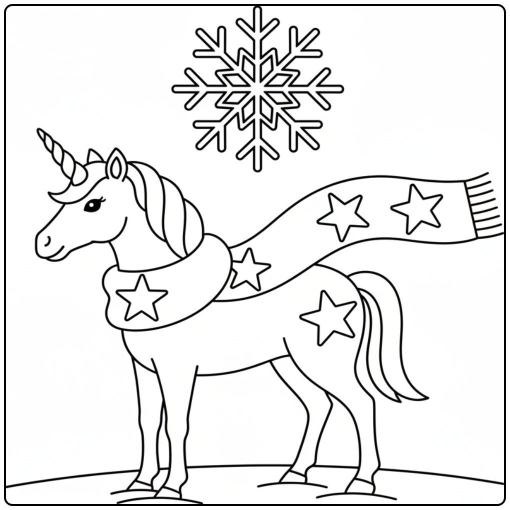 Desenho de unicornio de natal para colorir com cachecol e neve.