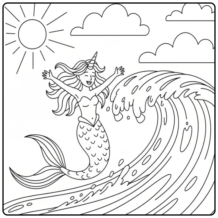 Desenho de um feliz unicórnio sereia para colorir com os braços abertos no mar.