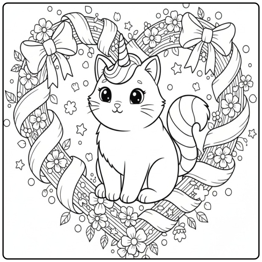 Adorável desenho Para colorir gato unicórnio com corações e flores.