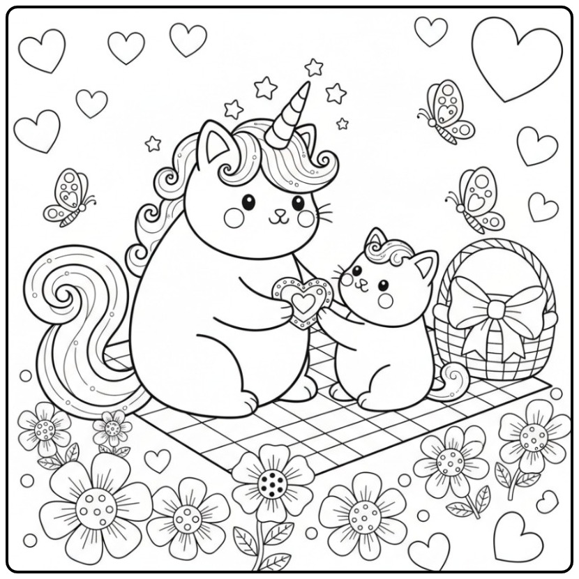 Desenho para colorir gato unicórnio com corações e filhote.