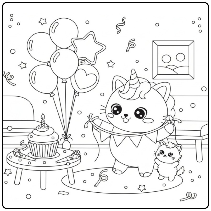Desenho fofo Para colorir gato unicórnio de aniversário.