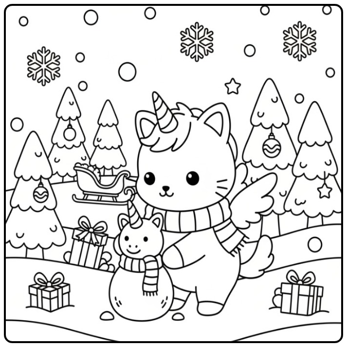 Desenho para colorir gato unicórnio de Natal com um amigo fofo.