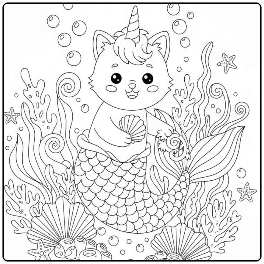 Desenho fofo Para colorir gato unicórnio sereia no mar