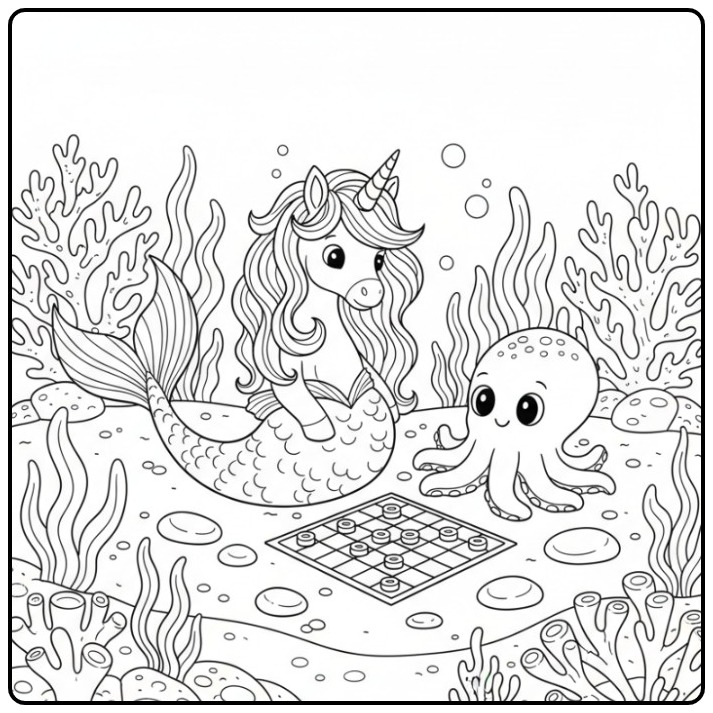Desenho de um unicórnio sereia para colorir com um polvo amigo.