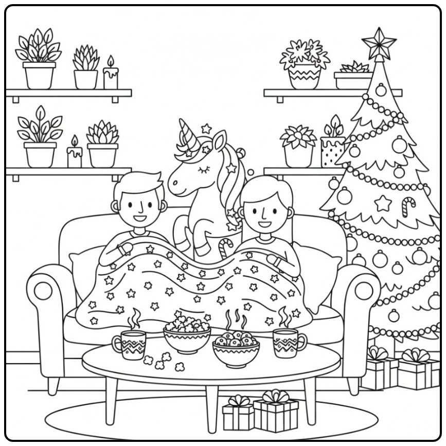 Desenho de um unicornio de natal para colorir com amigos no sofá.