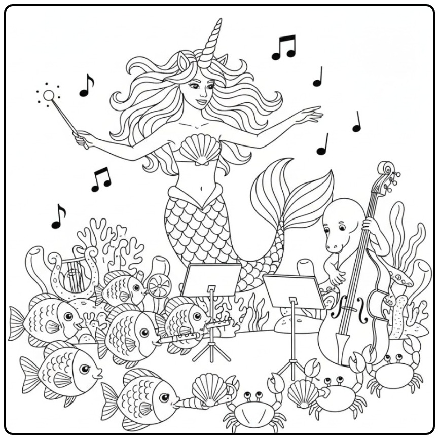 Desenho de unicórnio sereia para colorir regendo uma orquestra.