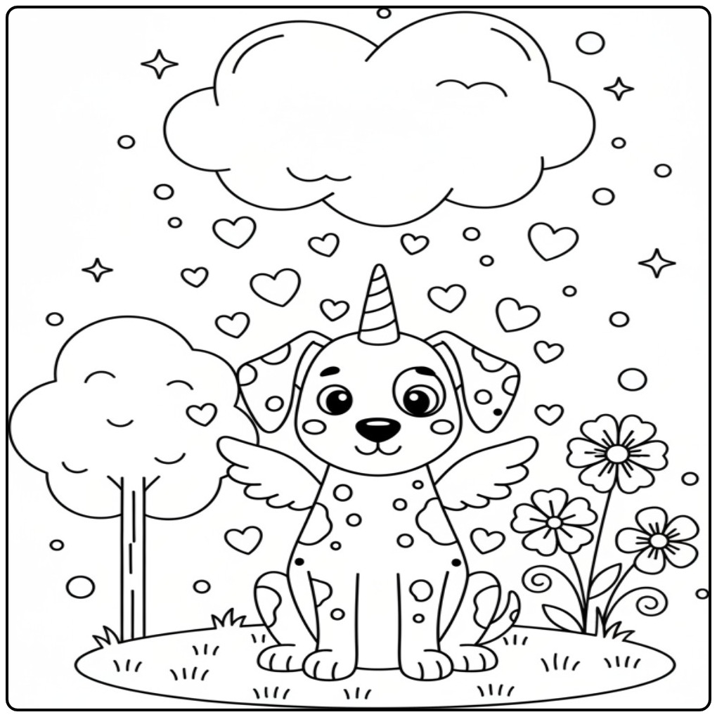 Desenho fofo de Cachorro unicórnio para colorir com corações.