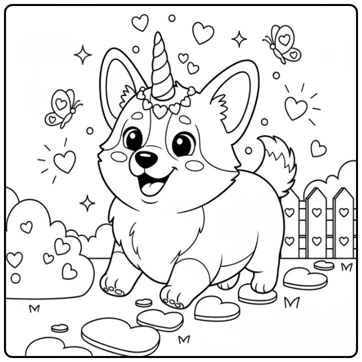 Desenho de um fofo Cachorro unicórnio para colorir com corações.