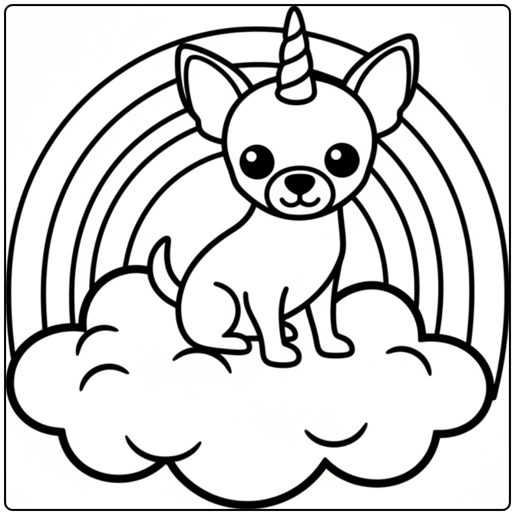 Desenho fofo de um cachorro unicórnio para colorir em nuvem.