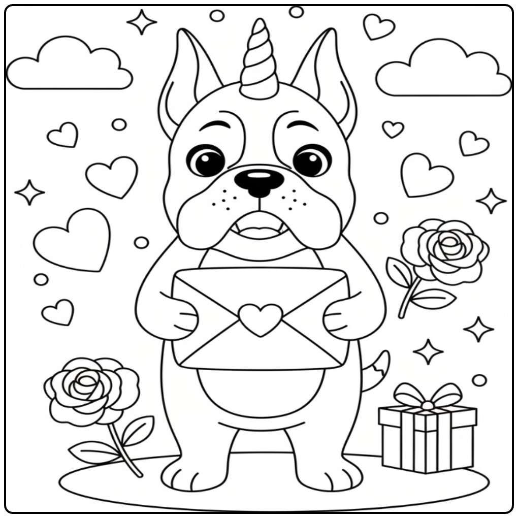 Um Cachorro unicórnio para colorir de Dia dos Namorados com uma carta.