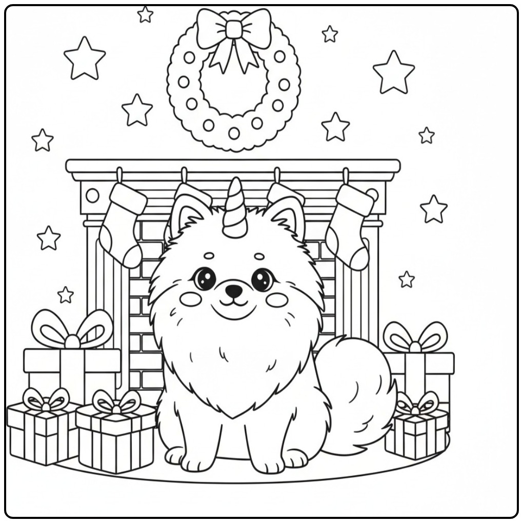 Desenho de um fofo Cachorro unicórnio para colorir de Natal.