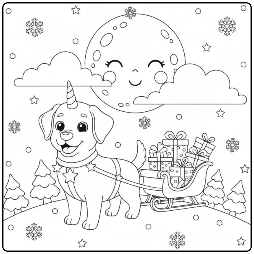 Desenho fofo de um Cachorro unicórnio para colorir de Natal.