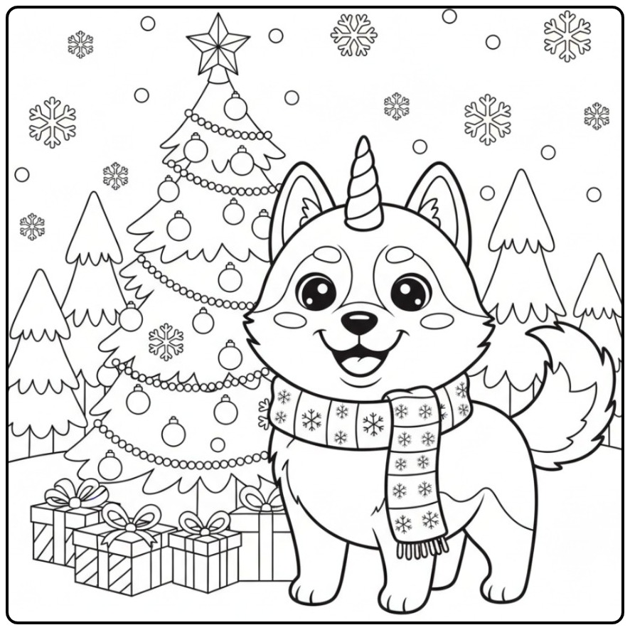 Desenho de um Cachorro unicórnio para colorir de Natal feliz.