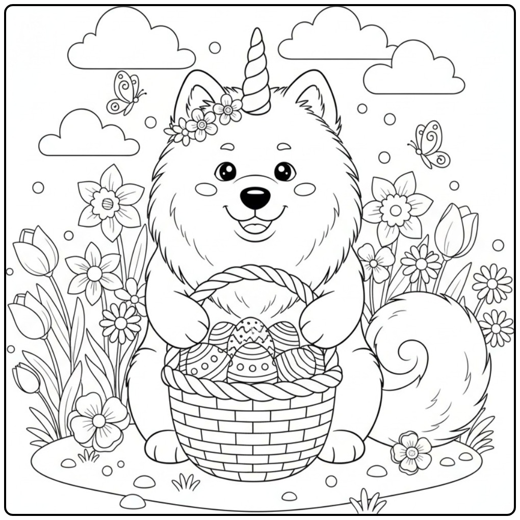 Desenho fofo de Cachorro unicórnio para colorir de Páscoa.